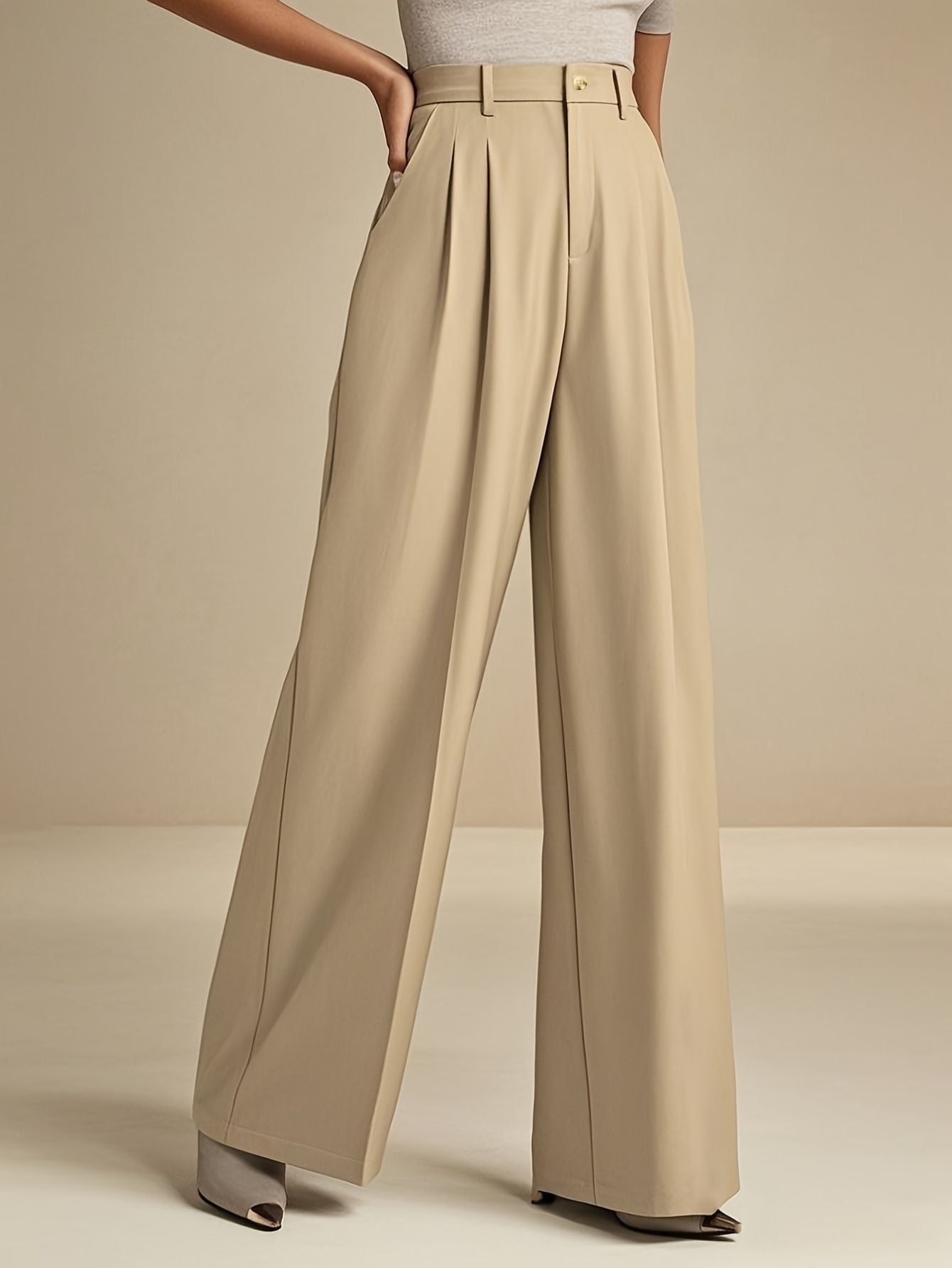 Women’s Elegant Beige Wide-Leg Pants Marry Lou