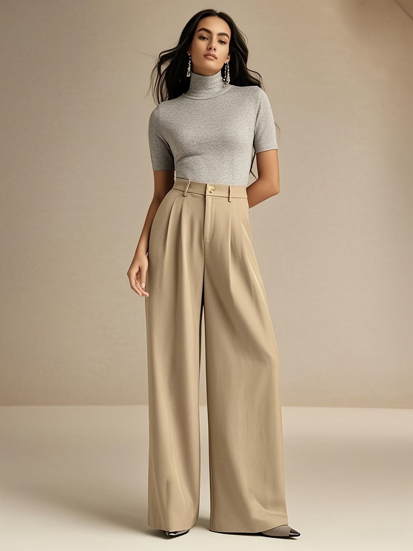 Women’s Elegant Beige Wide-Leg Pants Marry Lou