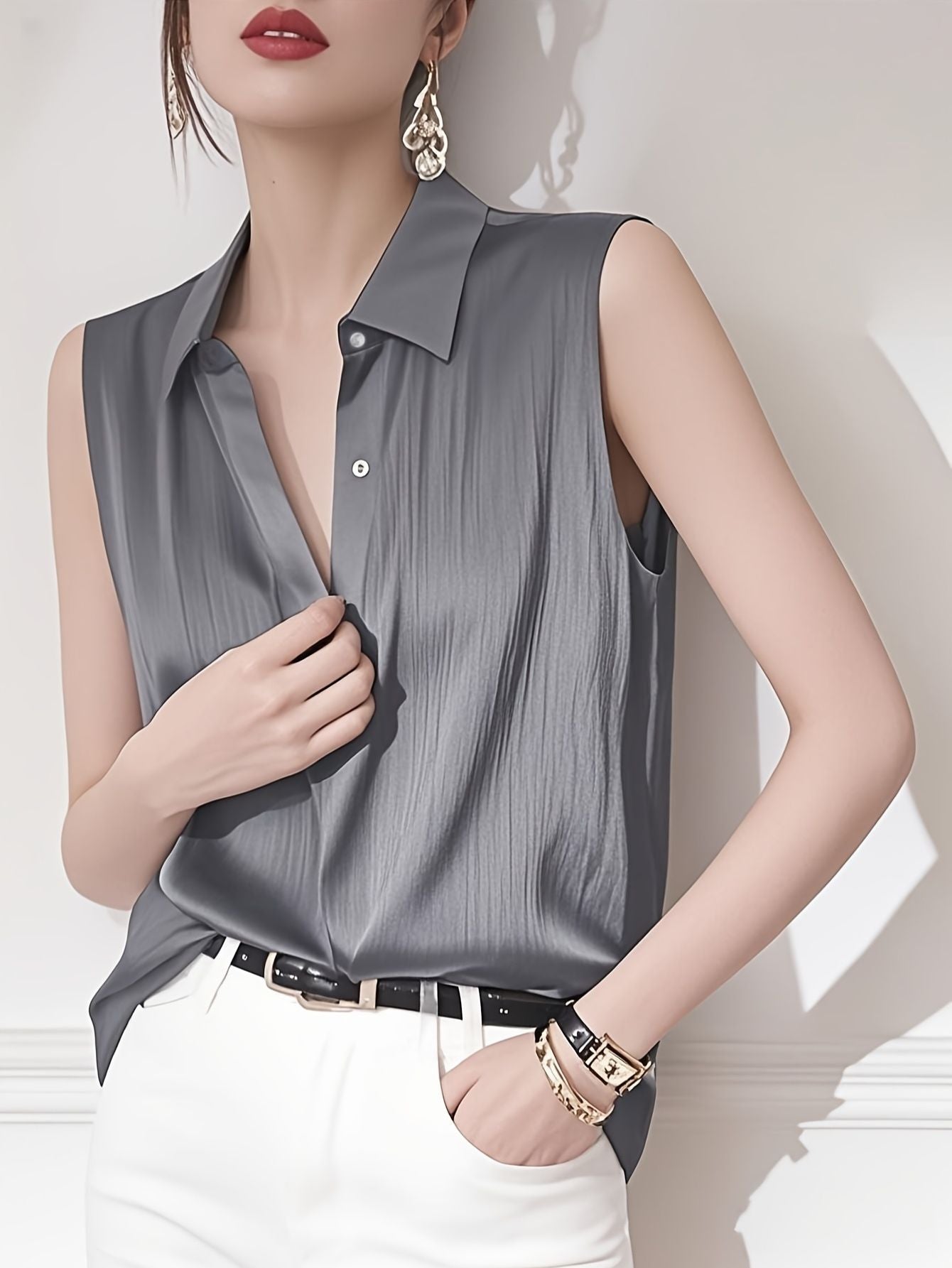 Women’s Sleeveless Satin Button Top Marry Lou