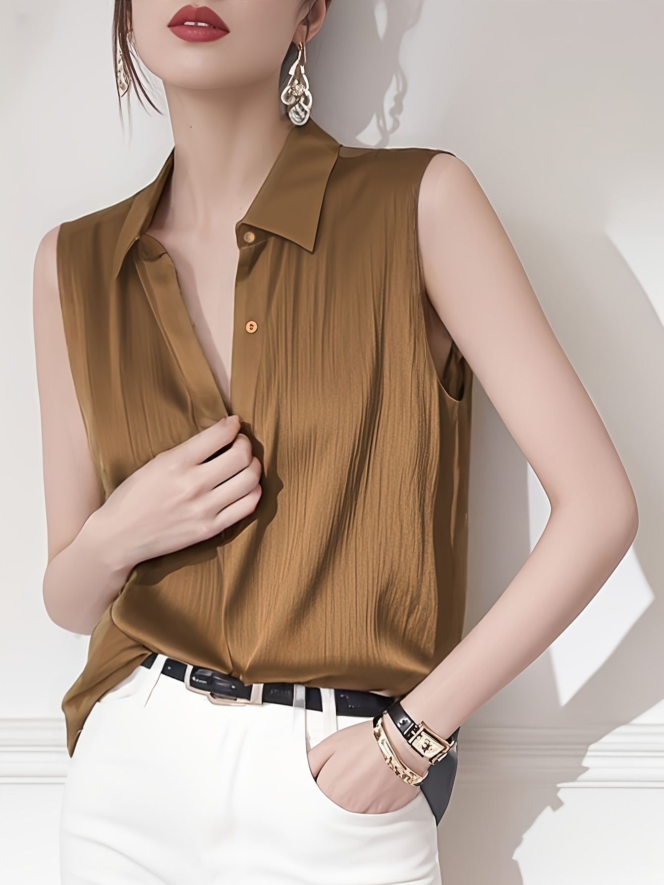 Women’s Sleeveless Satin Button Top Marry Lou